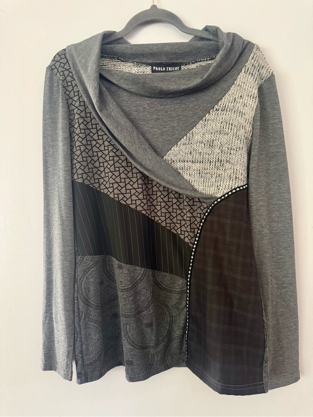 Paolo Tricot Italy Lagenlook Asymmetrical Patchwork Cowl Neck Tunic Top Gray L